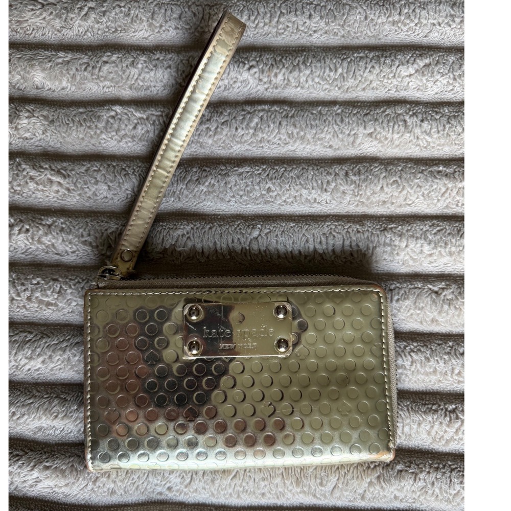 Kate Spade Gold Metallic Embossed Spade Dot Wristlet Wallet Zip Around Wallet